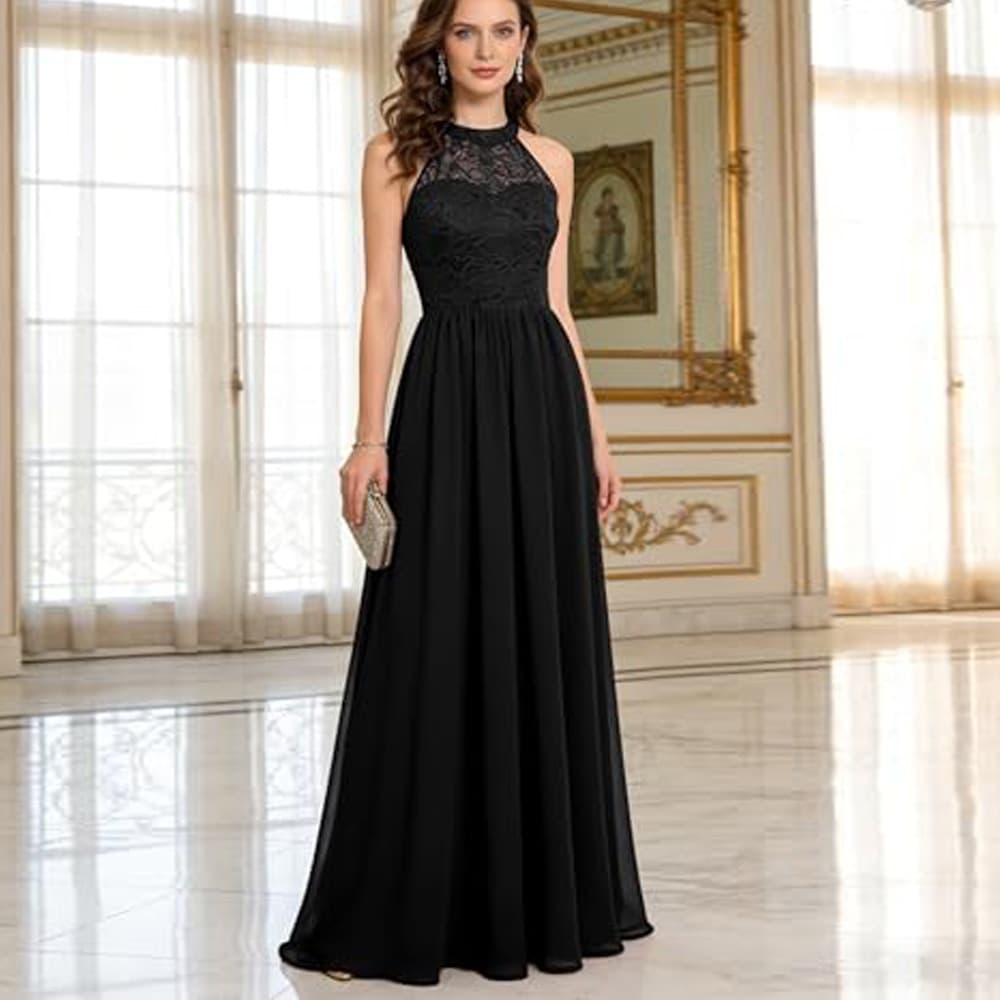 2026 new style halter neck lace splicing chiffon long skirt banquet bridesmaid dress dress evening dress prom dress