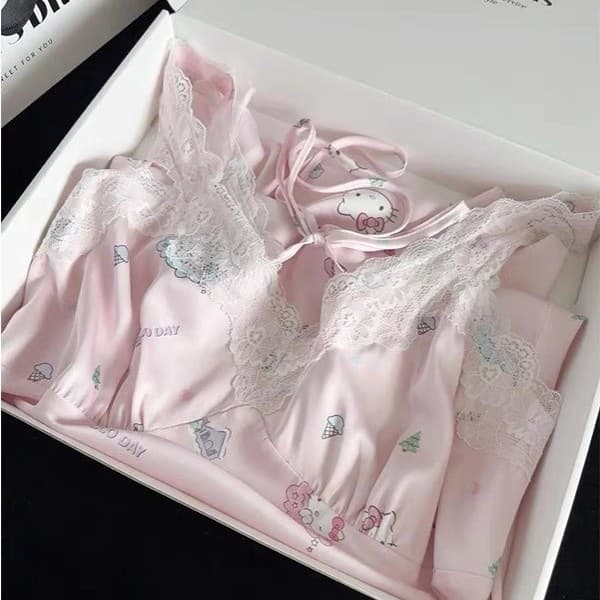 Lace Trim Homewear Sleep Dress for Women Summer Hello Kitty Pink Camisole Dress Pure Desire French Style