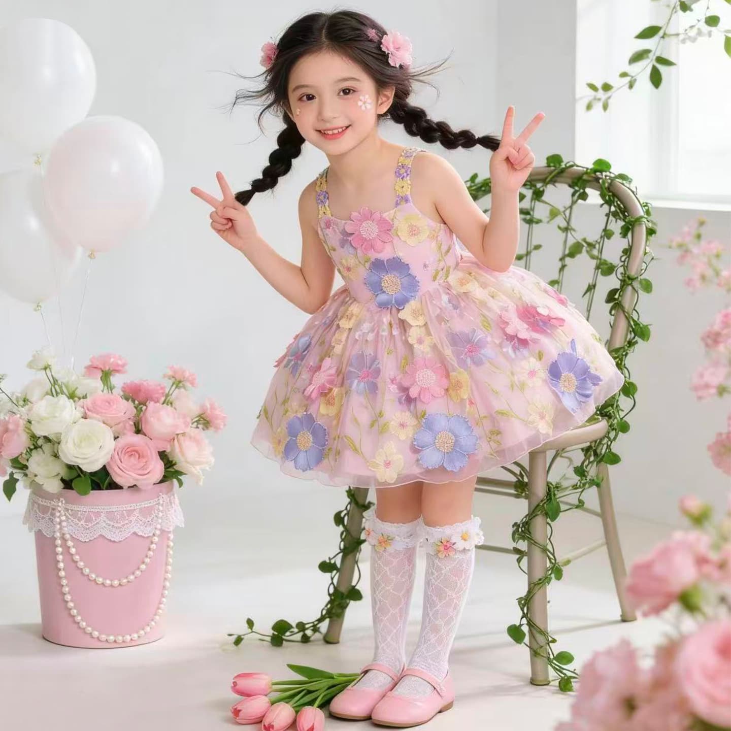 Girl's 3D Flower Dress, Birthday Party Gown, Tutu Tulle Skirt, Children's Strapless Dress, Princess Dress, Lolita