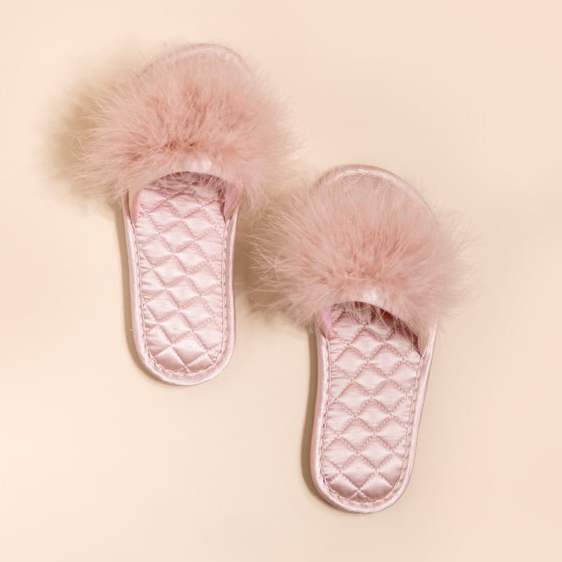 French-style high-end fuzzy home slippers for women, satin fabric, one-strap design, high anti-slip, wear-resistant, soft sole, comfortable and versatile