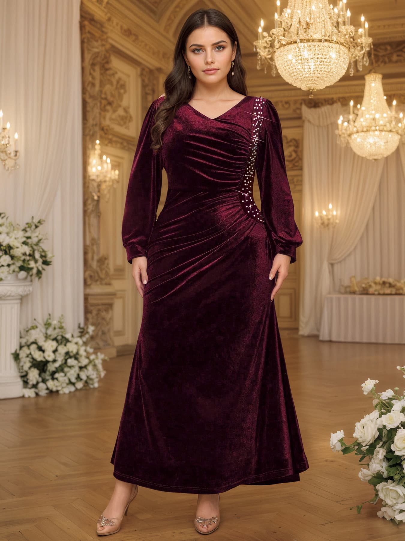 Plus Size Heavy-Duty Velvet Lantern Sleeve V-Neck Waist-Cinched Fishtail Evening Dress Luxury Long Gown