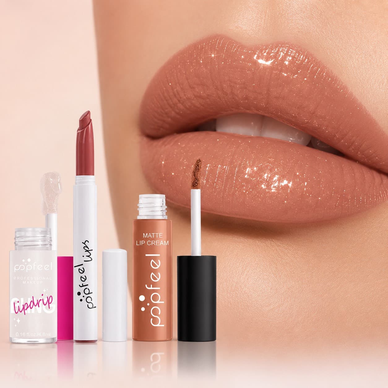 Cross-Border Matte Lip Gloss Transparent Lip Oil Lipstick Pen 3-Piece Set Lip Makeup Kit Moisturizing Long-Lasting Makeup Wholesale
