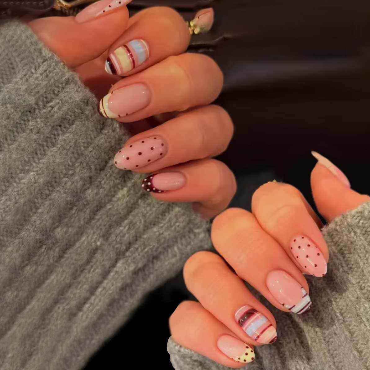 X-0851 Oval polka dot stripes personalized fashionable wearable nails cross-border detachable 24 pieces of finished nail art