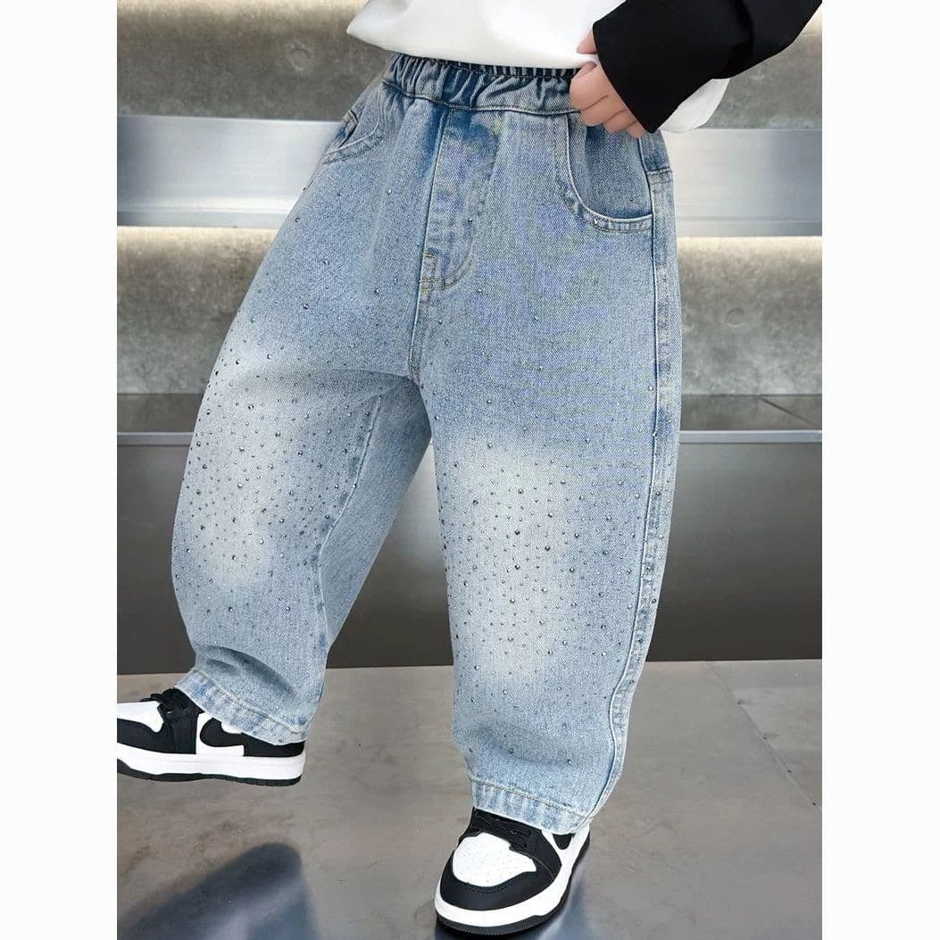Boys' Spring Jeans 2026 Rhinestone Kids' Pants Mid-Child Boys' Loose Straight-Leg Trendy Pants