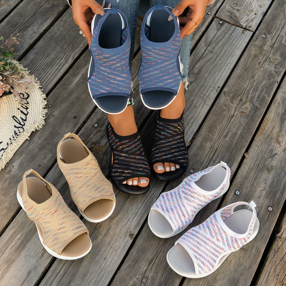 2026 Summer New Export Plus Size Women's Casual Comfort Knit Fish-Mouth Thick-Soled Sports Sandals One Size