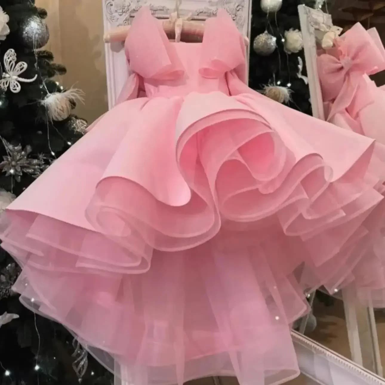 Pink Girls Formal Dress Puffy Princess Dress Bow Style Little Girl Birthday Party Fashionable Trendy Dress