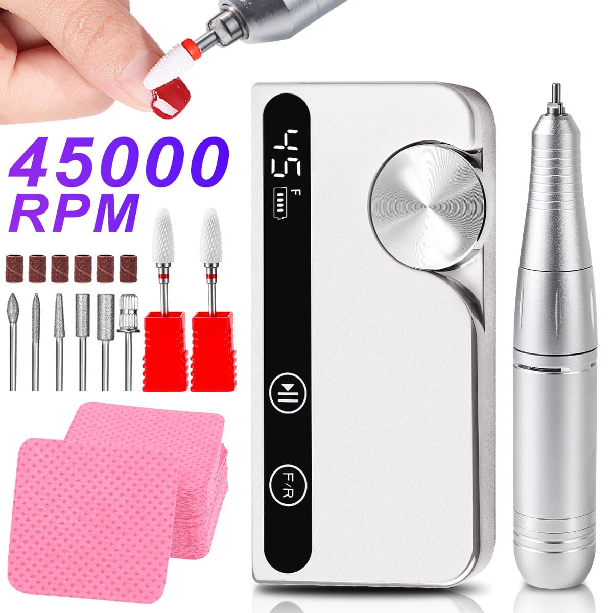 New Professional Nail Drill 45000 RPM Rechargeable Portable Electric Nail File Grinder in Stock