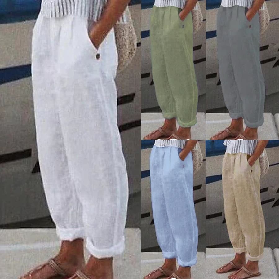 Casual Cotton Linen Women's Pants with Leather Tag Pockets Straight Leg Long Trousers Comfortable Spring Autumn Wear for Women