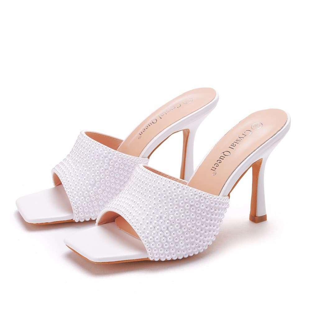 9 cm square toe high-heeled sandals, slippers, wine glass heels, elegant pearl beaded women's shoes, white fish mouth shallow mouth sandals