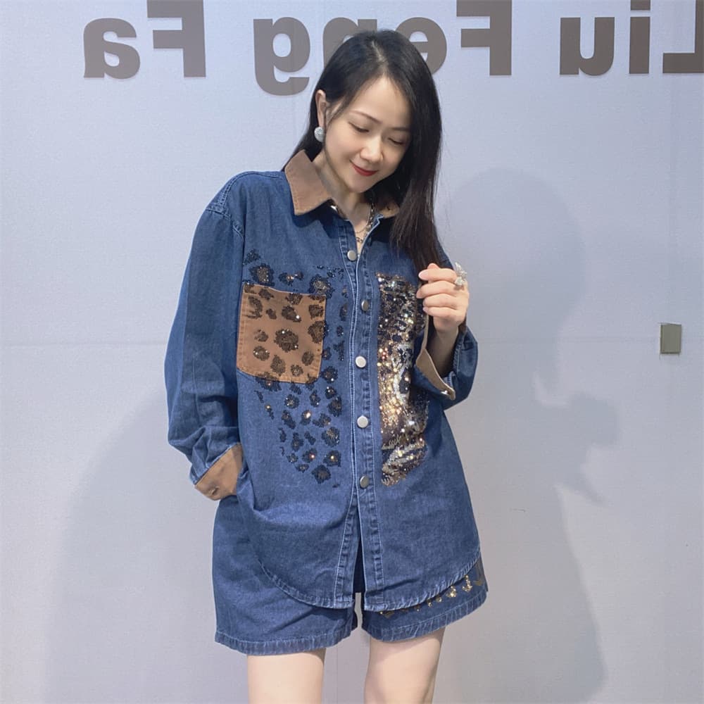 Vintage Casual Denim Long Sleeve Shirt Set Women Summer New Loose Slimming Versatile Wide-Leg Shorts Two-Piece Set
