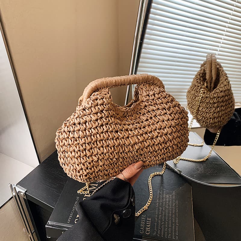 Seaside Vacation Shell Bag New Women's Handbag Forest Style Straw Woven Shoulder Bag Travel Beach Chain Crossbody Bag