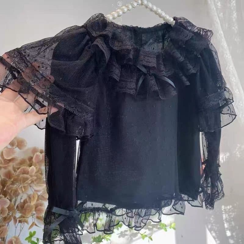 Girls' Lolita Lined Shirt New Style Long-Sleeve Princess Kids White Base Black Top Blouse