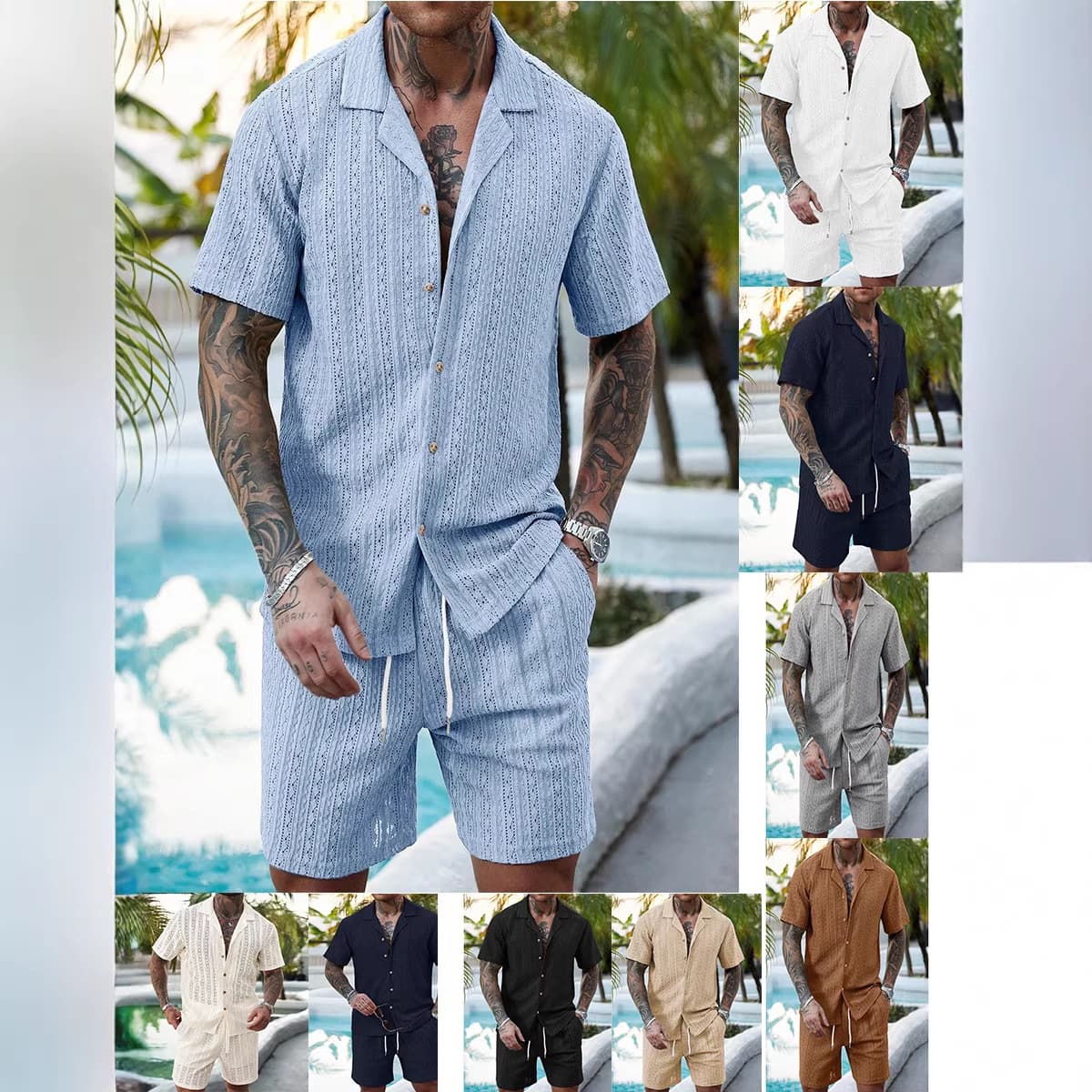 Cross-border Europe and America 2026 New TK Casual Men's Cardigan Summer Short Sleeve Shirt Drawstring Shorts Two-Piece Set