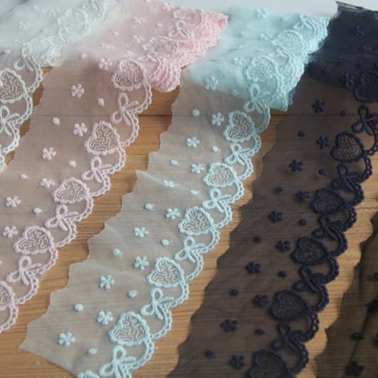 Wholesale Ready-Made Japanese Style Handmade DIY Accessories, Cotton Mesh, Cotton Thread Heart-Shaped Tulle Embroidery Lace Trim, 7cm Wide