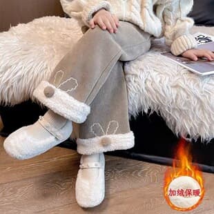 Girls Fleece Lined Pants Autumn/Winter Alpaca Fleece New Stylish Children Thick Wide Leg Cotton Pants Girls Long Pants Winter