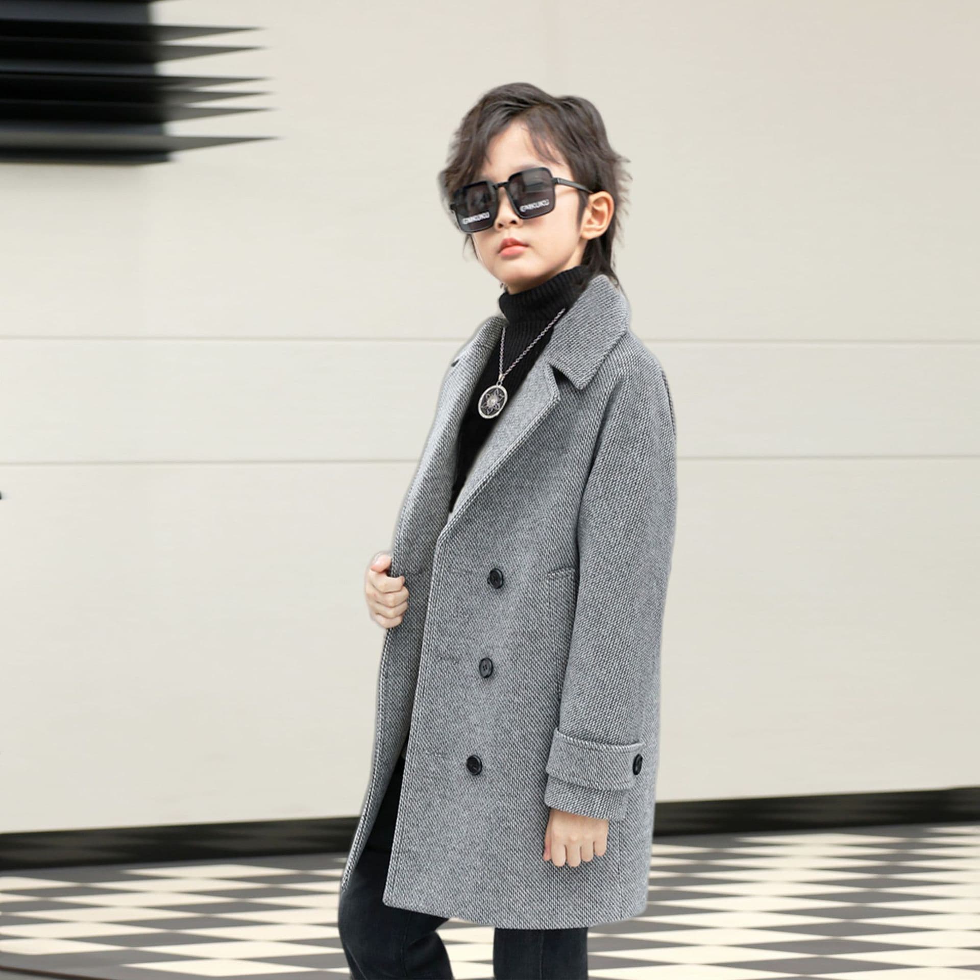 Boys' Wool Coat for Autumn/Winter, Stylish and Warm Mid-length Korean-style Handsome Versatile Trench Coat, Children's Wool Jacket
