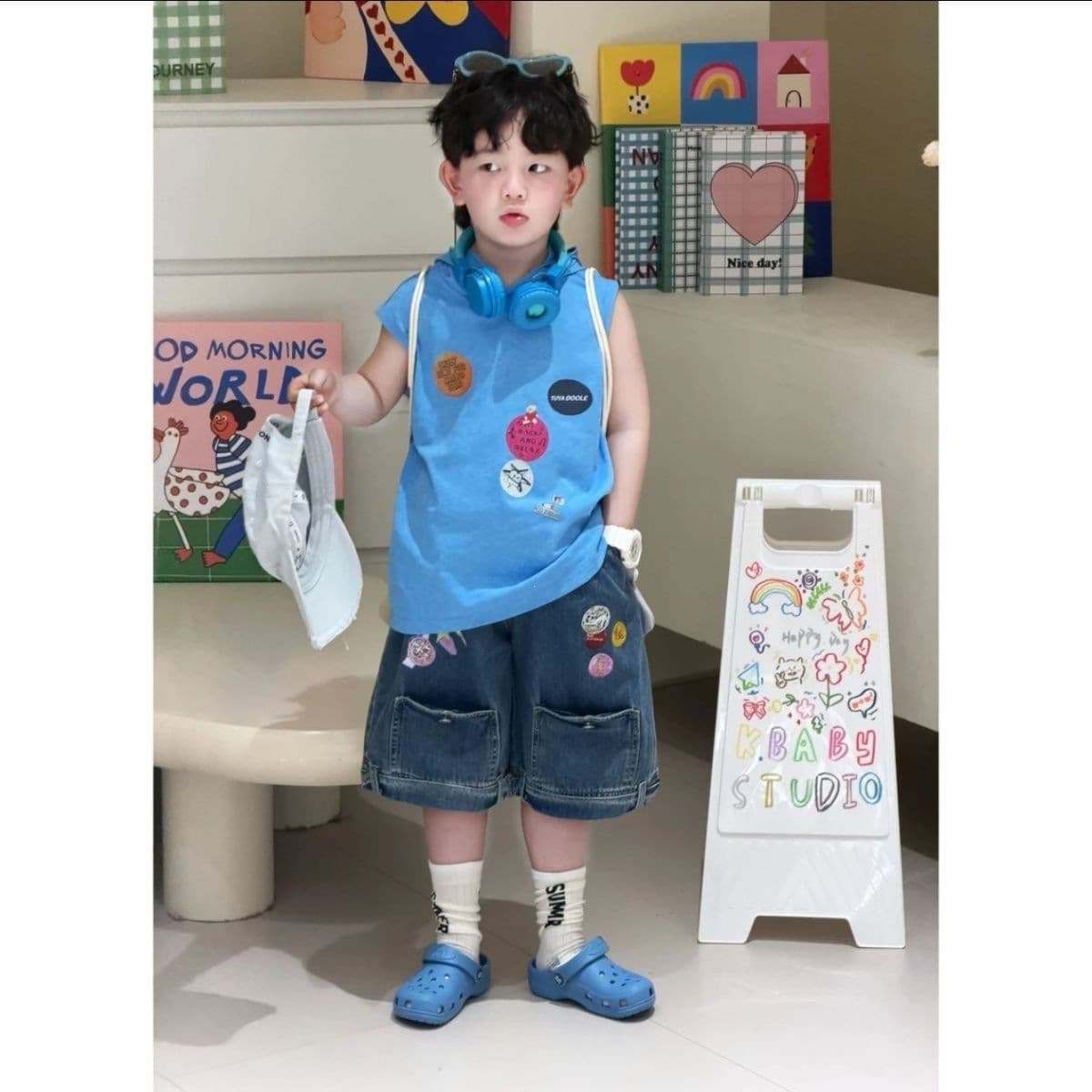 Children's clothing new style foreign style summer Korean version sleeveless hooded cartoon vest printed shorts three-piece set for children and middle-aged children