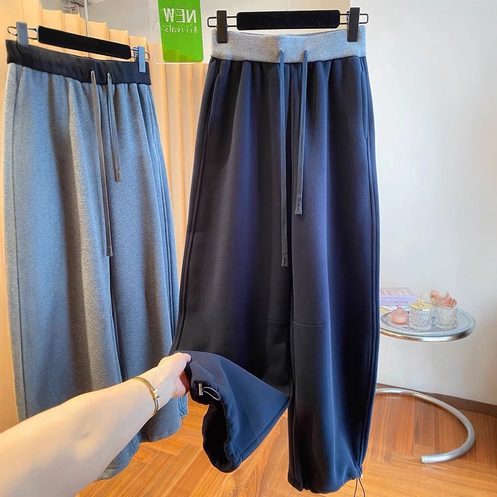 Extra Large Size 150kg European Style Color-Blocked Elastic Drawstring Sweatpants for Women, Autumn and Winter Fleece-Lined Thick Straight Wide-Leg Pants Trendy
