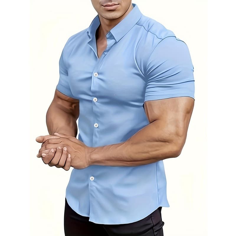 Men's Shirts Cross-Border New Style Muscle Man Summer Shirts Casual Fashion Solid Color Shirts Thin Short-Sleeved Shirts for Men
