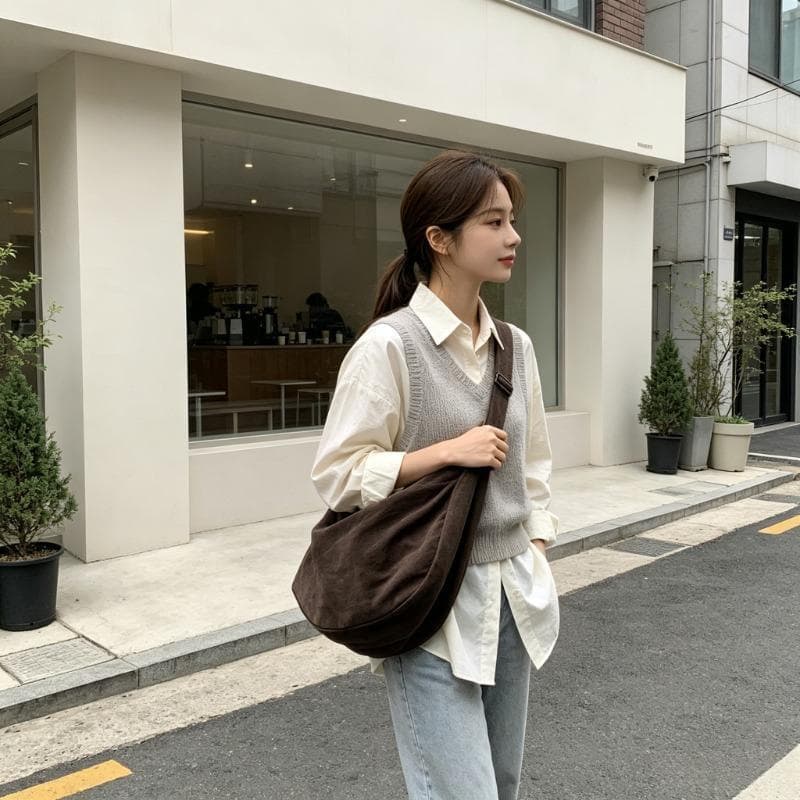 2024 New Vintage Coffee Single Shoulder Slant Crossbody Dumpling Bag Canva Women's Bag Niche Idle Style Soft Crossbody