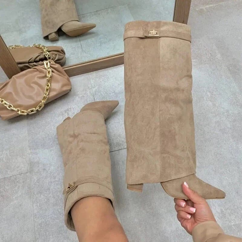 2026 Cross-border Women's Boots Pointed Toe Wide Calf Straight Shaft Metal Buckle Mid-Calf Boots Large Size Chunky Heel Tights Boots Women's Boots