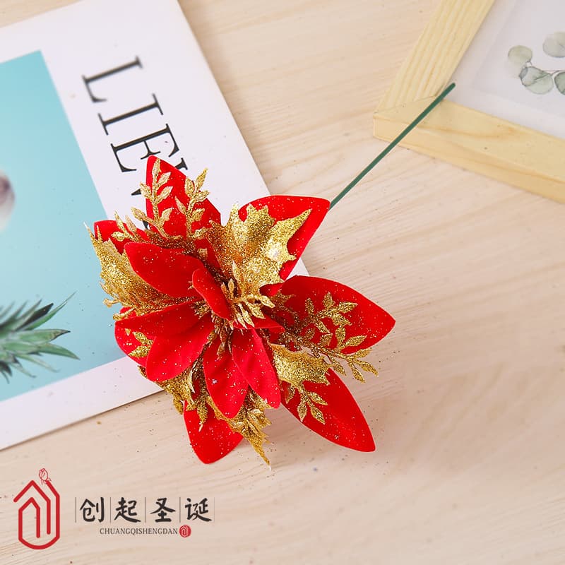 Simulation Flower Single Bloom Glitter Decoration Christmas Holiday Ornaments Wholesale Artificial Flower Heads Factory Stock