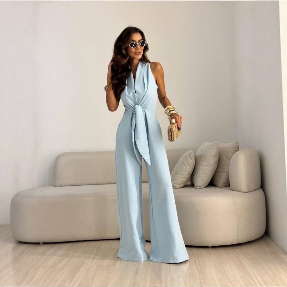 2026 Summer European and American Cross-Border New Style V-Neck Sleeveless Wide-Leg Jumpsuit for Women, Elegant and Stylish with a Cinched Waist, Suitable for Work and Fashion