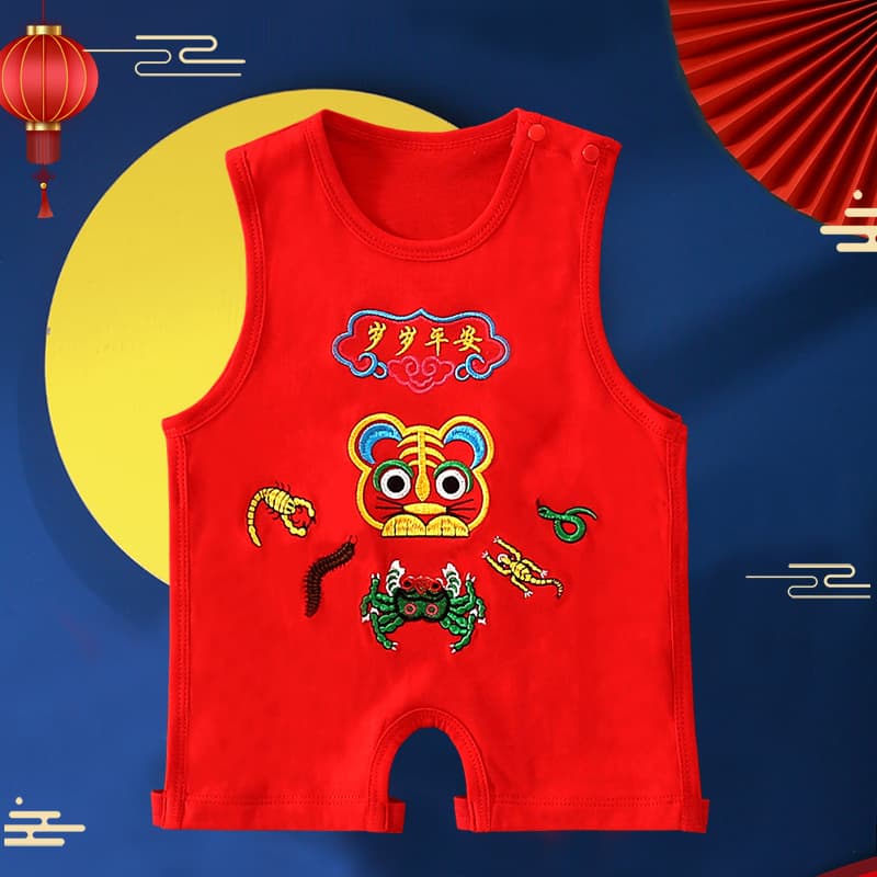 Year of the Dragon Baby One-Year Dress Baby Footie Bodysuit Summer Thin Newborn Infant Half-Back Top National Trend DD16