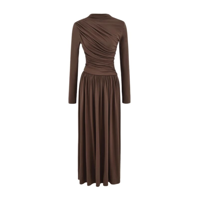 Solid Color Half High Neck Long Sleeve Dress Women's Fall New Pleated Slim Fit Patchwork Outerwear Base Stylish Long Dress