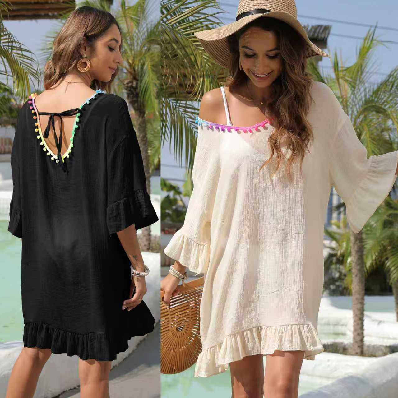 New Cross-Border Beach Vacation Cover-Up with Colorful Fringe Patchwork Loose European and American Style Beach Dress