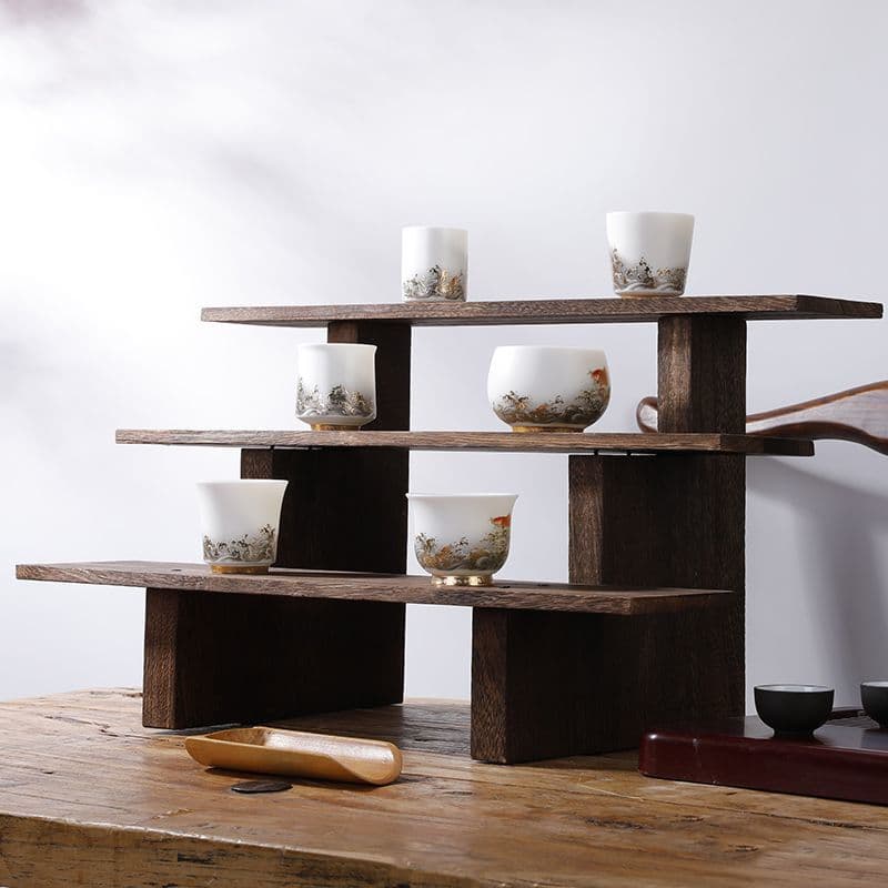 ∅ Paulownia Wood Solid Wood Curio Shelf, Purple Clay Teapot Stand, Chinese-style Display Rack for Small Ornaments, Tea Set and Cup Holder