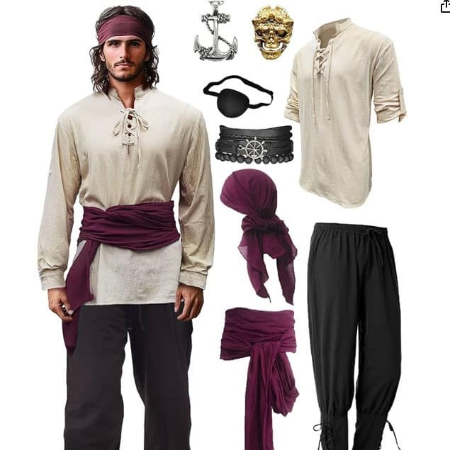 8 Piece Halloween Men's Renaissance Costume Set Medieval Pirate Shirt Ankle Band Pants