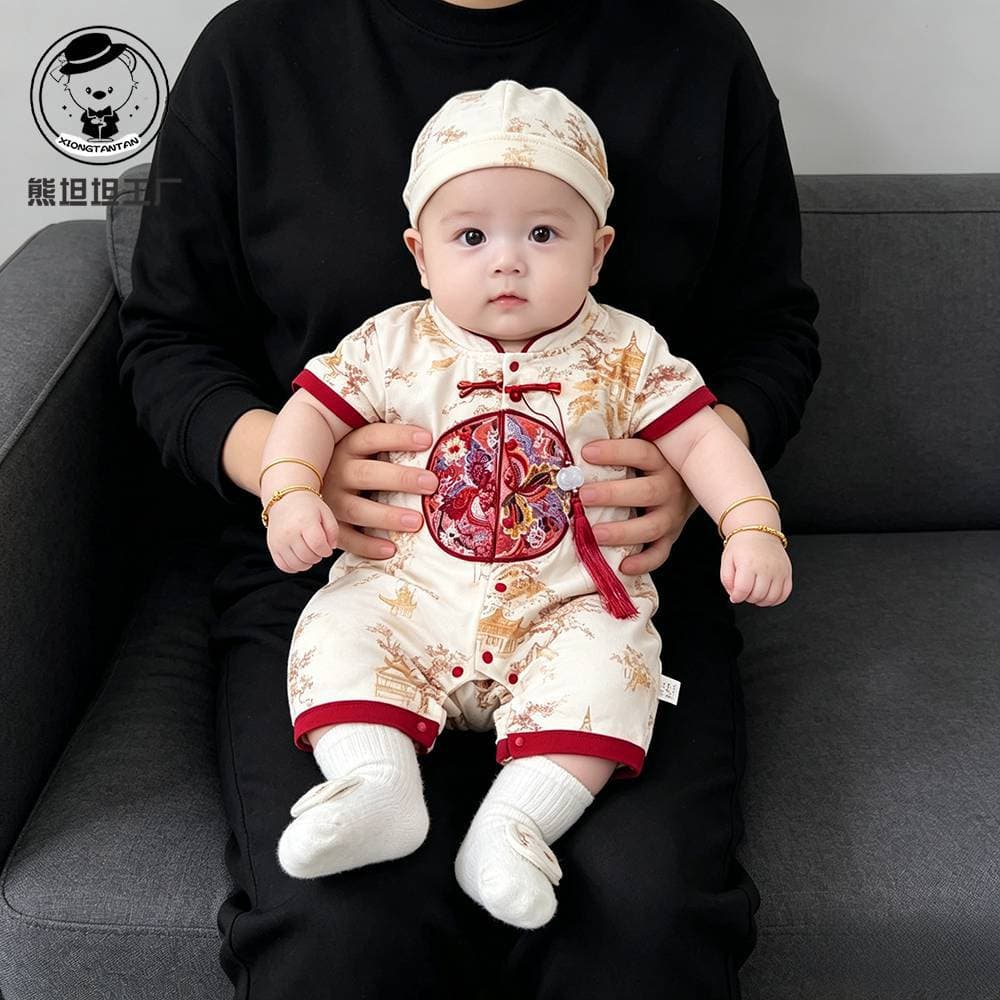 New Chinese style baby boy one-piece summer baby clothes summer full moon 100th birthday party dress Tang suit young master suit