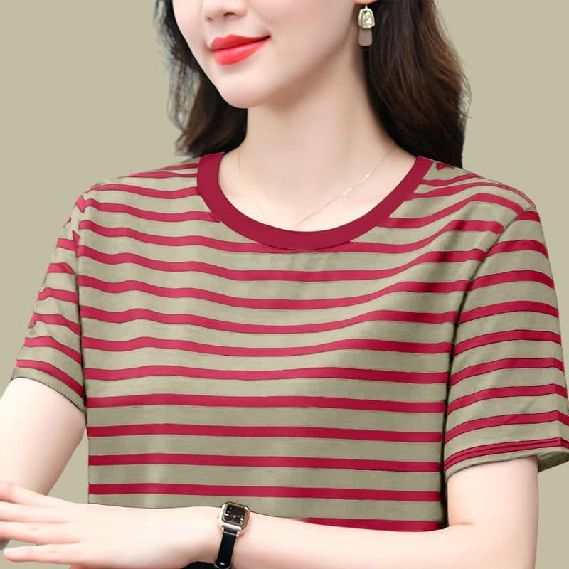Summer 2023 New Women's T-shirt Short Sleeve Plus Size Loose Versatile Striped Round Neck Mom Tee Wholesale