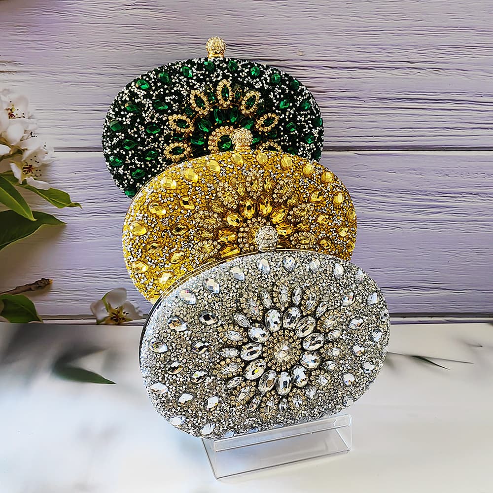 Glittering Diamond Embellished Round Clutch Bag Women's Evening Banquet Bag Bride's Bag With Chain Cross-Border Best Seller