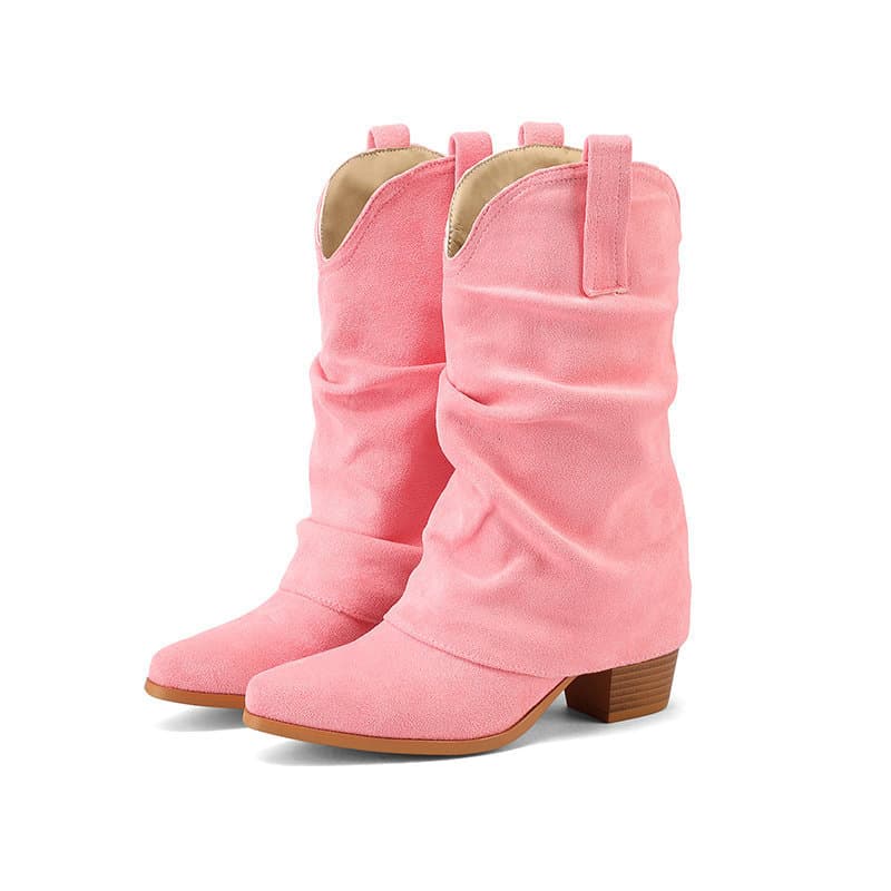 Women's trouser boots suede thick heel high heel candy color slip-on western cowboy rider boots women's mid-calf boots short boots