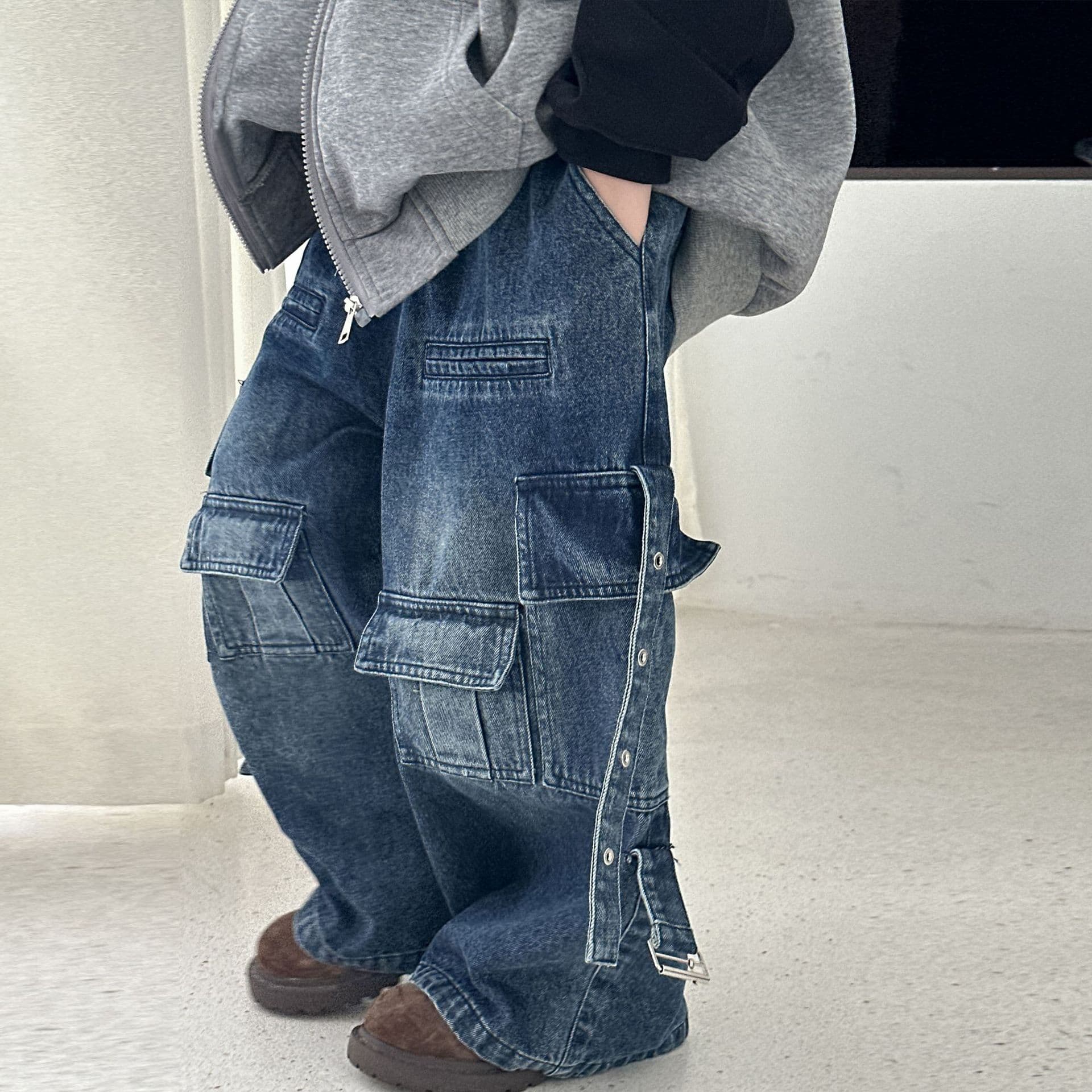 Boys Autumn Denim Cargo Pants Loose Fit Long Pants 2025 Spring Fall New Korean Style Children's Trousers