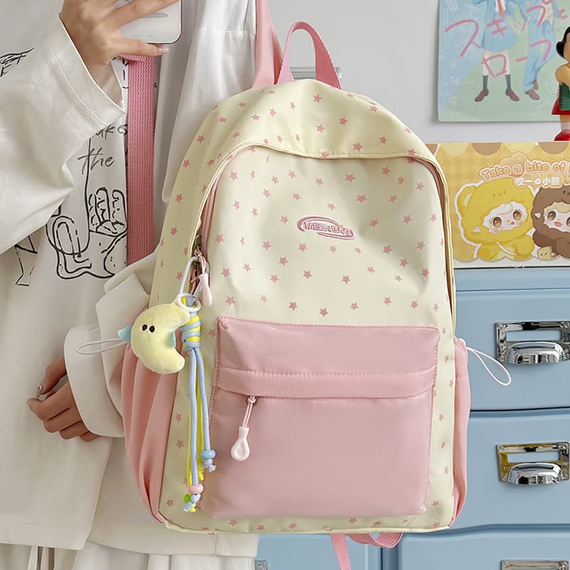 Lovely Contrast Color Backpack for Women, Star Pattern, Cute and Fresh, Large Capacity, Suitable for Middle School, High School, and College Students