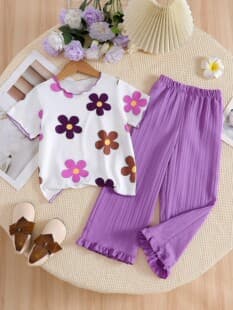 2026 Summer Girls' Colorful Floral Print Short Sleeve Set with Textured Ruffle Hem Pants, Breathable Mosquito-Proof Two-Piece Set