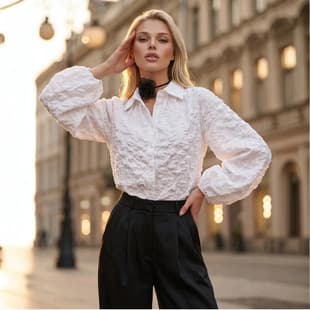 French Texture White Blouse Women Turn-Down Collar Pleated Lantern Long Sleeve 3D Embossed Jacquard Loose Versatile Shirt