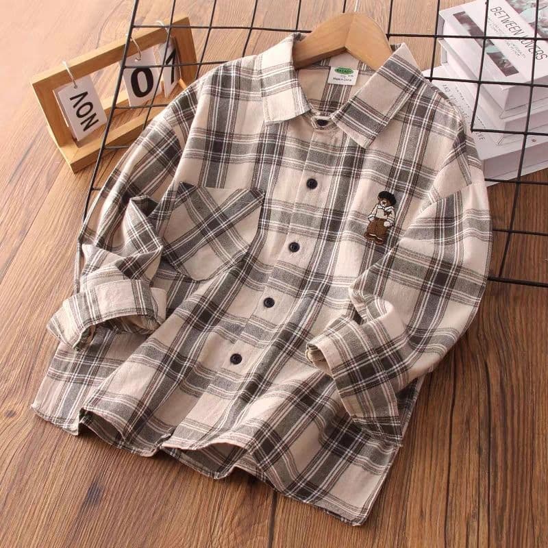 Inner long-sleeved plaid shirt spring and autumn big children's shirt 2025 new boys new Chinese style handsome outer jacket