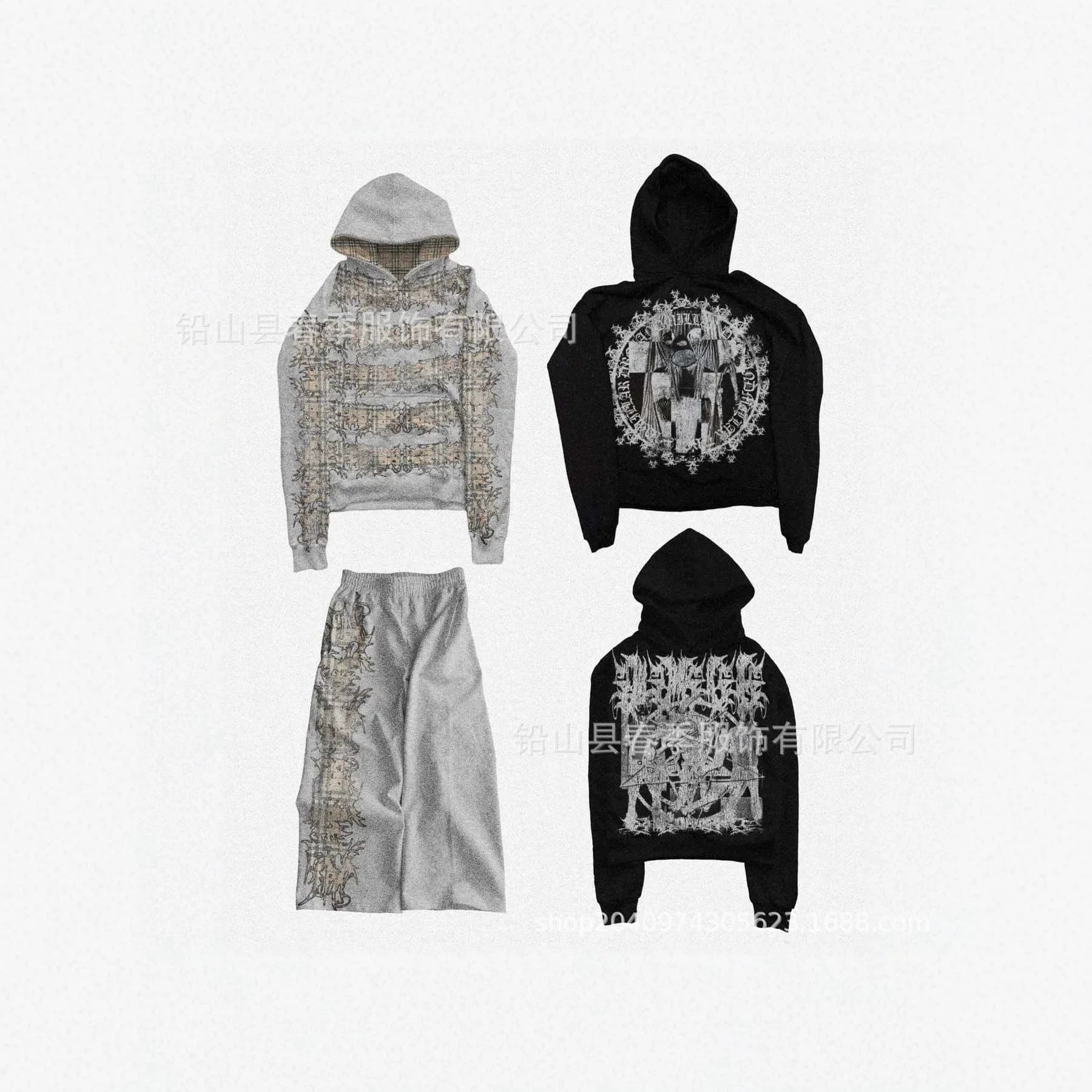 American Retro Dark Gothic Print Hoodie Set Men Distressed Portrait Print Loose Pullover Hoodie