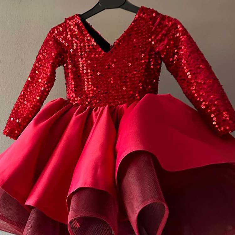 AliExpress children's dress French spring new foreign trade performance clothing burgundy sequined long-sleeved princess dress wholesale