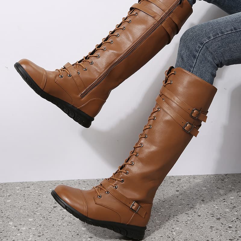 Foreign trade large size women's boots 2023 new high boots side zipper European and American knight boots flat belt buckle leather boots wholesale