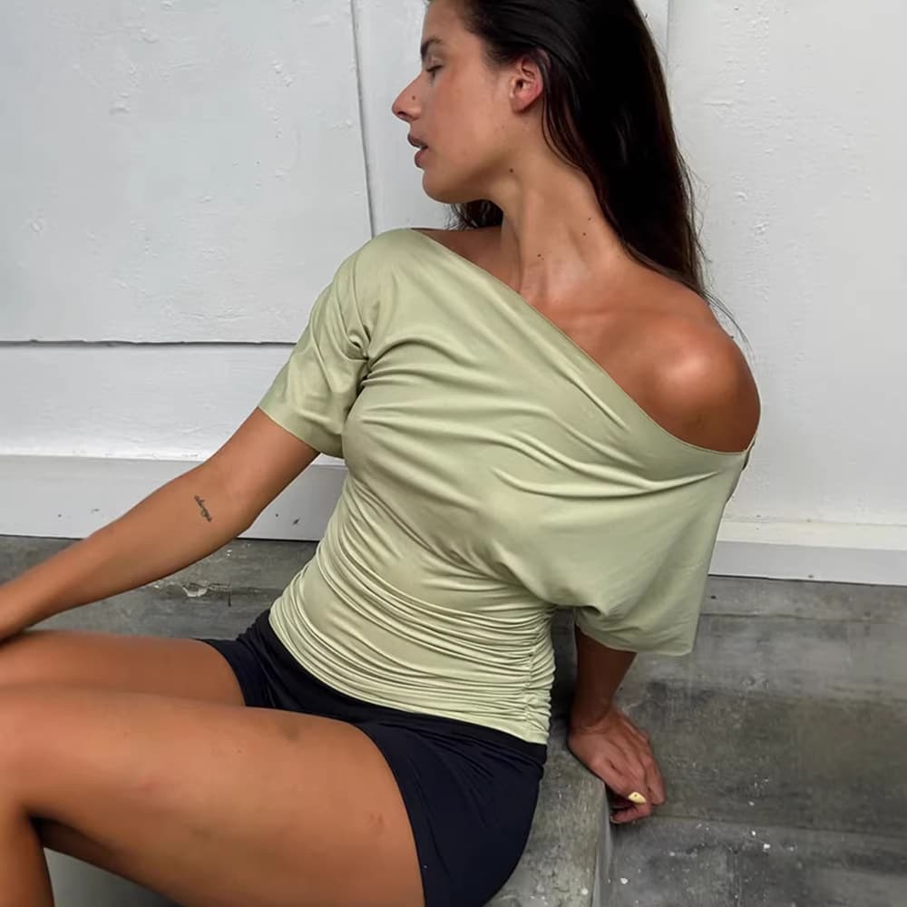 Amazon Foreign Trade 2025 Summer New Hot-Selling Women's T-Shirt Sexy Hot Girl Ruched One-Shoulder Slim Fit Crop Top
