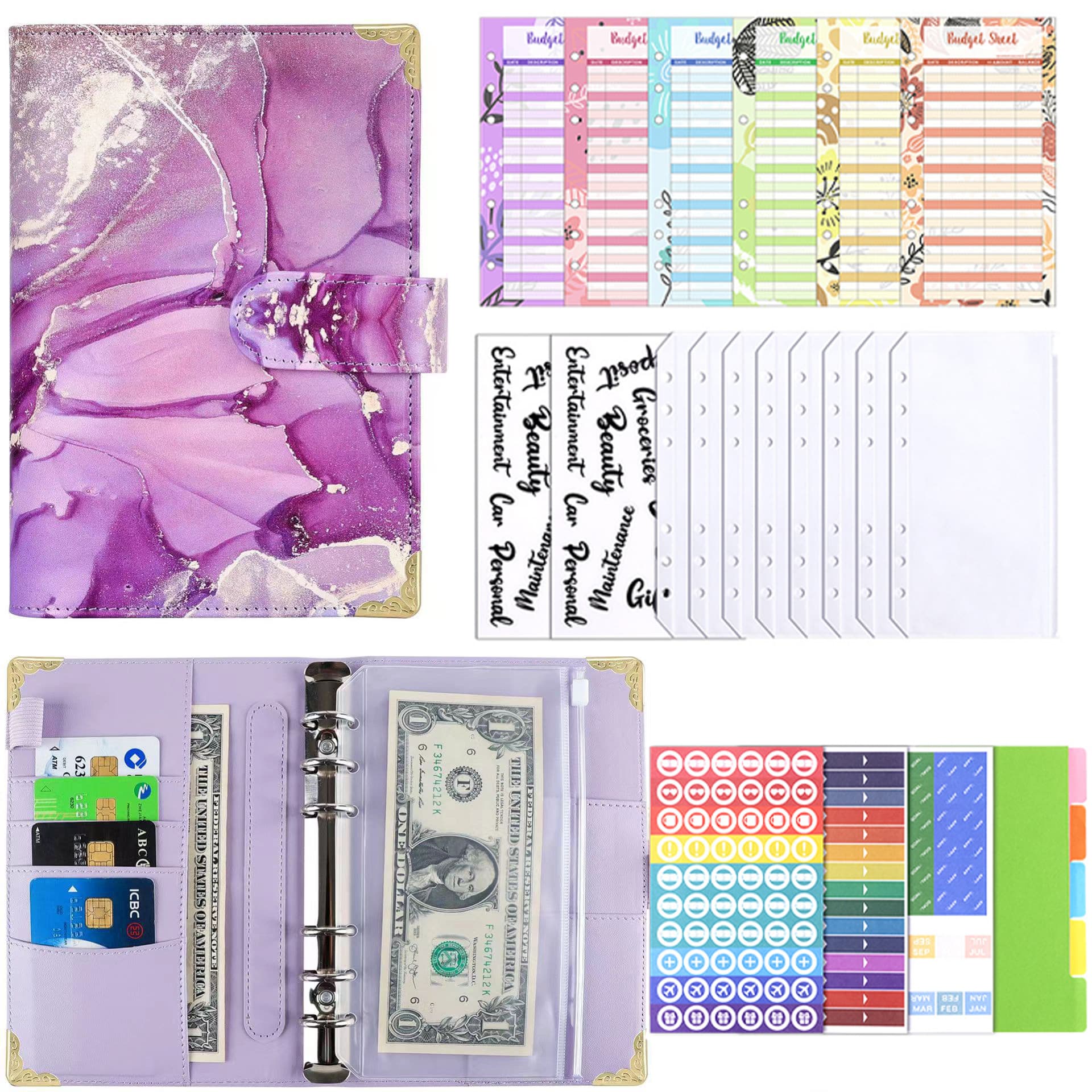 Cross-border Wholesale A6 Loose-leaf Notebook Marble Binder Journal PU Leather Zipper Pouch Cash Budget Planner