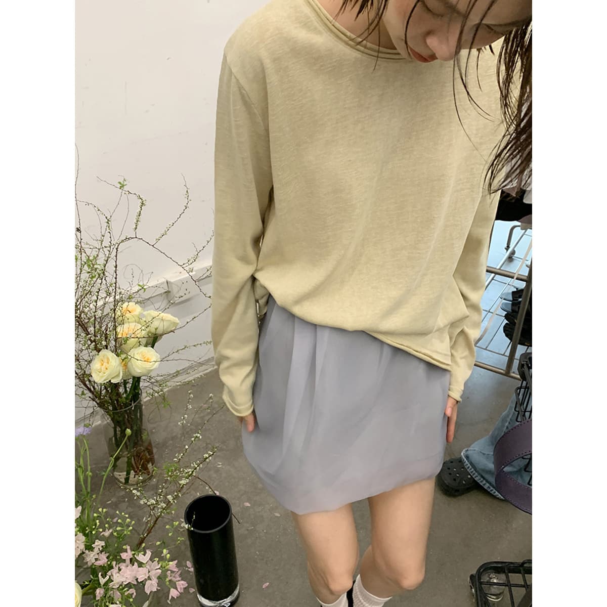 Korean Lazy Style One-Button Rolled Sleeve Linen Cotton Long-Sleeve T-Shirt Draped Layering Slimming Top