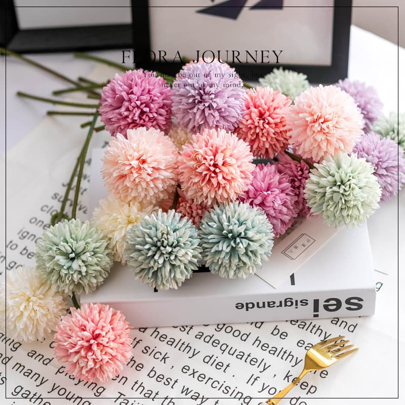Artificial Dandelion Ball Chrysanthemum Fake Flowers for Living Room Potted Plant Wedding Decoration Small Pompom Mum