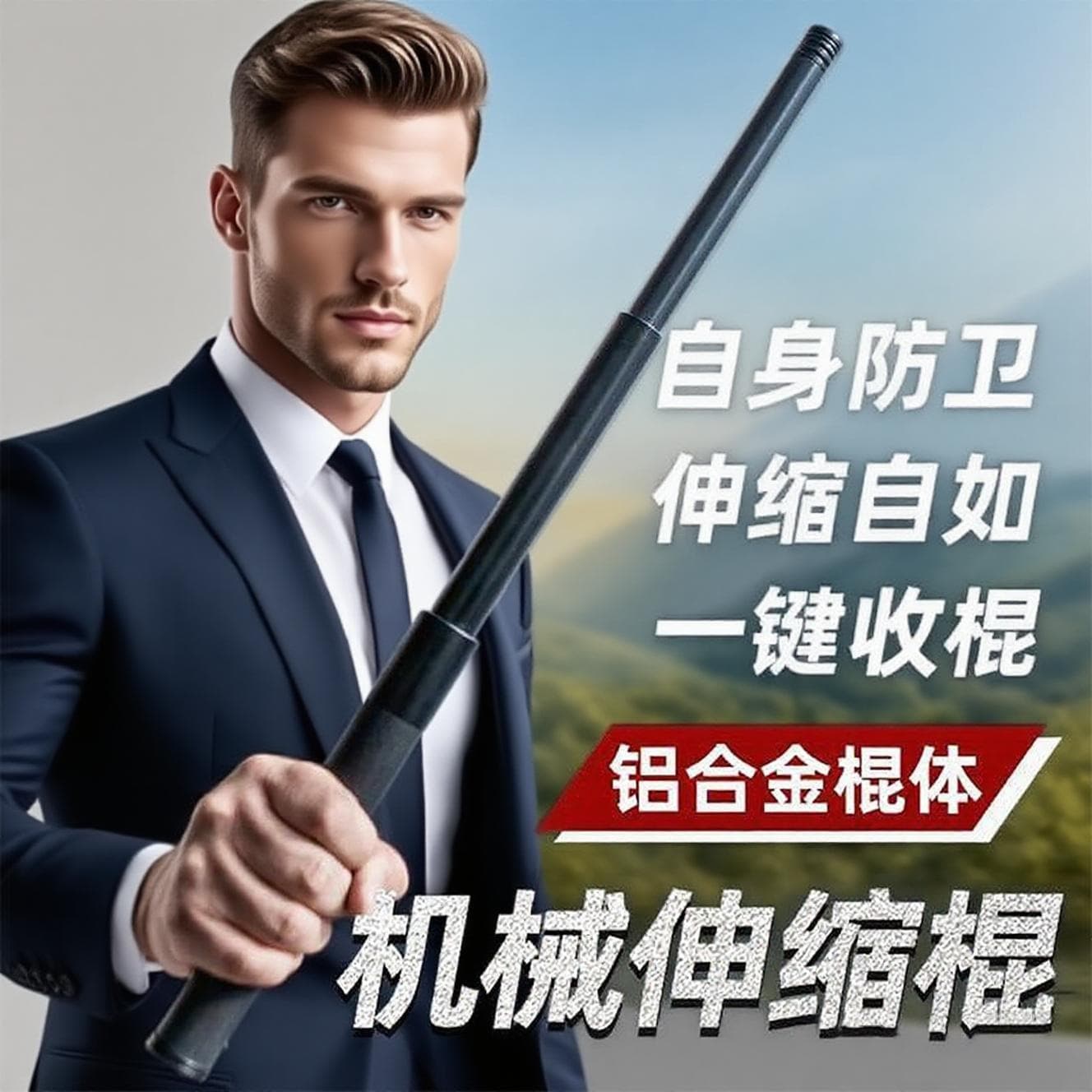 Strong Shield Aluminum Alloy Mechanical Expandable Baton, Outdoor Vehicle-mounted Self-defense Weapon, Portable Multi-functional Anti-wolf Three-section Telescopic Rod