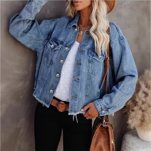 TC010242 Cross-Border New Style European and American Washed Denim Jacket Long Sleeve Washed Denim Jacket Women's Frayed Hem Design